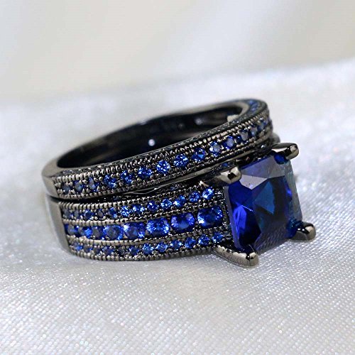 His and Hers Wedding Ring Sets Couples Rings Women 10K Black Gold Filled Blue Cz Wedding Engagement Ring Bridal Sets Men's Wedding Band4