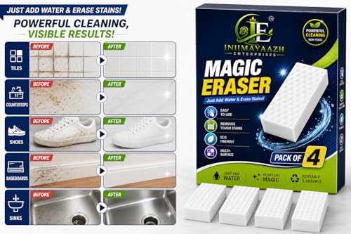 Image of Magic Eraser Sponge for Wall | Pack of 4 High Density Melamine Sponge | White Cleaning Sponge for Marks | Water Activated Eraser | Multipurpose Cleaning Pad