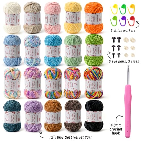 Image of 20 Pack Chenille Chunky Yarn - Baby Yarn for Crocheting Soft - White Black Brown Green Red Pink Blue Rainbow Velvet Yarns Crochet Blanket - Amigurumi Yarns Pack with Crochet Accessories