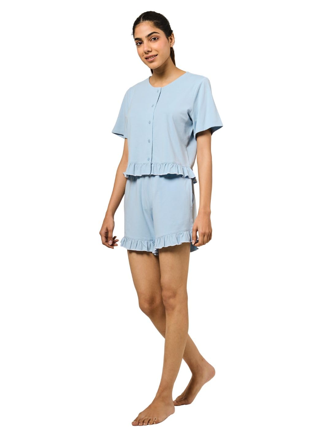 Sia Ruffled Bamboo Shorts Set for Women – Ultra-Soft, Lightweight Loungewear – Sky Blue-image-12