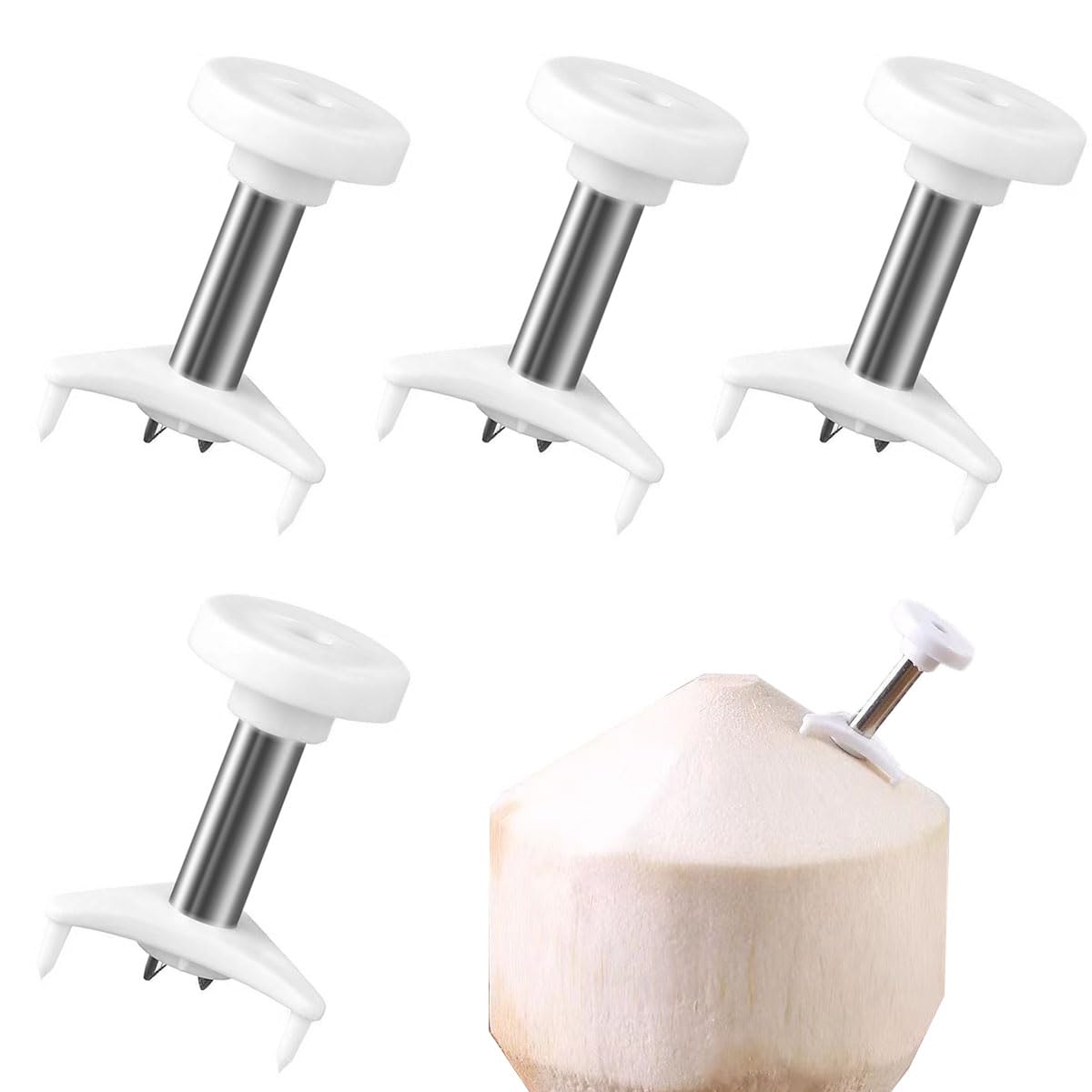4pcs Coconut Hole Puncher Stainless Steel Coconut Punching Easy Convenient Straw Hole Maker Coconut Opening Tool With Peeled White Coconuts