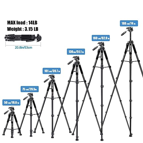ZOMEi 188 cm Tripod Heavy Duty Tall Tripod Stand, Professional Travel Video Tripod Compatible with DSLR Cameras - Image 3