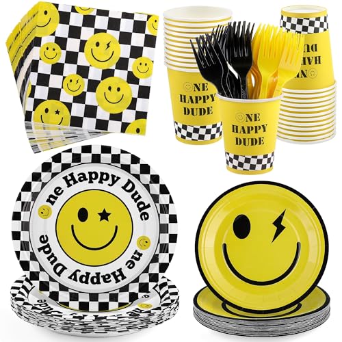 Kochorie 144 Pieces One Happy Dude Party Tableware Sets including Disposable Plates Napkins Cups Forks Serves 24 for Smiley Face 1st Birthday Preppy Party Decorations