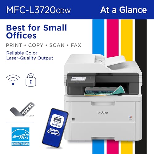 Brother MFC-L3720CDW Wireless Color Laser Printer with Scanner, Copier & Fax | Auto Duplex & 250-Sheet Capacity | Refresh Subscription Trial(1). Amazon Dash Replenishment Ready. (Renewed Premium)