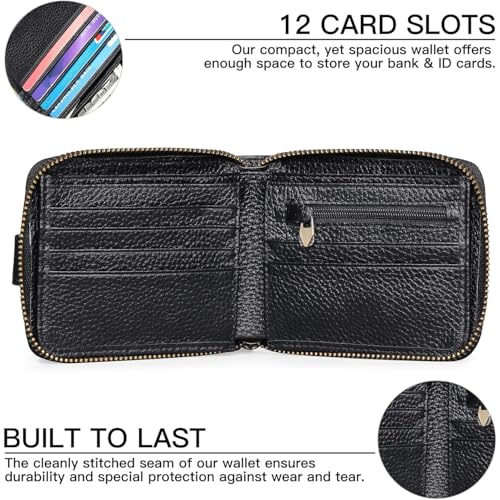 Genuine Leather Wallet for Men with Zipper RFID Blocking Large Capacity Bifold Design Coin Pocket and Clear ID Window for Easy Access (Black-3)2
