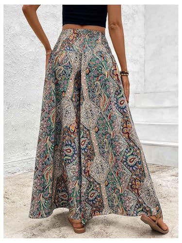 Verdusa Women's Boho Paisley Baggy Pants Shirred High Rise Wide Leg Long Trousers3