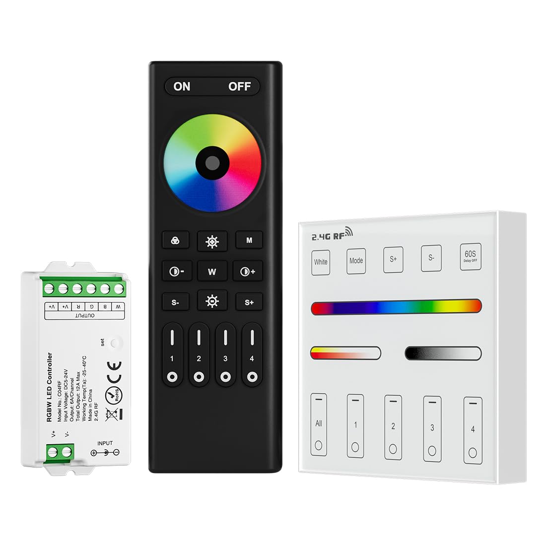 BTF-LIGHTING RF 2.4GHz Wireless Remote RC03RFB & C04RF Tuya LED Controller Kit FCOB SMD PWM RGBW (+ R G B W) 5PIN LED Strip, WR01RF RF 4 Zone Group Control RGBW Wall Mounted Smart Panel Remote