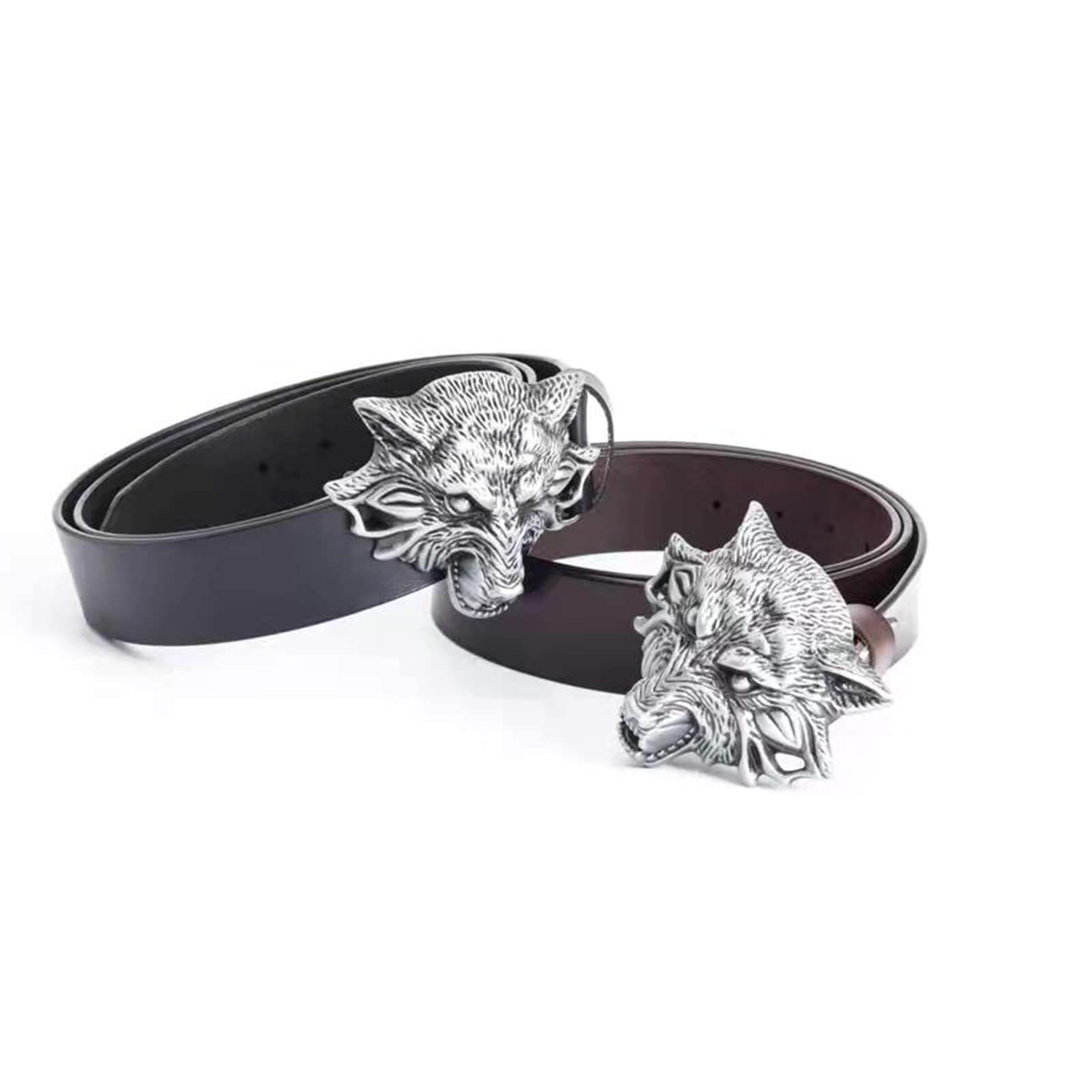 pasek, Paski skórzane męskie 38 mm, czarno-brązowe, do jeansów, na co dzień, pracy, z fajną, srebrną klamrą w kształcie głowy wilka, modny prezent