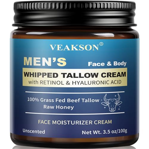Men's Beef Tallow for Skin, Organic Whipped Grass Fed Tallow and Honey Balm with Anti-Aging Retinol...