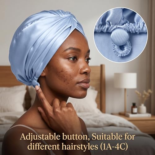 Image of Adjustable Silk Satin Bonnet for Sleeping Hair Wrap, Double Layer Sleep Cap, Night Turban for Large Long Curly Braid Women Men Hair - Aqua Sky Blue