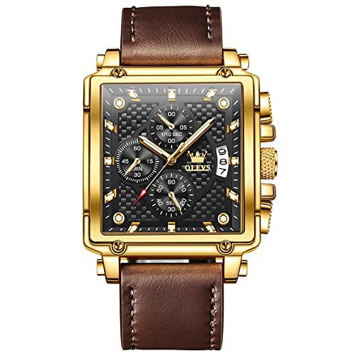 OLEVS Men's Rectangular Watches Black Face Day Date Tank Watches for Men Brown Leather Band Fashion Sword Hands Multi-Function Quartz Watch Water Resistant Fake Gold Men Inexpensive Watch for Friend