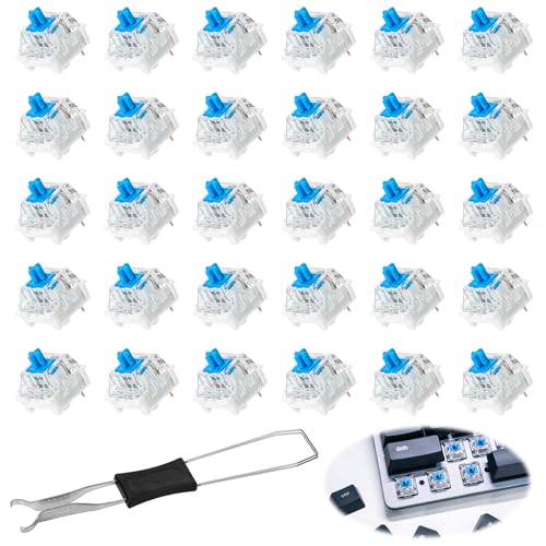 30 Stück Transparente Blaue Keyboard Switches mit Zieher, 3 Pin Klicker Tastatur, Switches Keyboard für Montage sowie Ersatz der Tastatur-Ersatztasten 3-Polige Tastatur Klicker