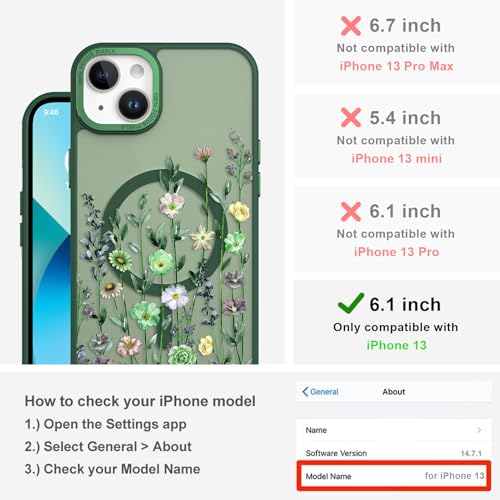 Image of Magnetic for iPhone 13 Case with for Women Girls, Green Flower | Pretty Floral Pattern Design [Compatible with MagSafe] Shockproof Slim Translucent Matte Non-Slip Protective Cover