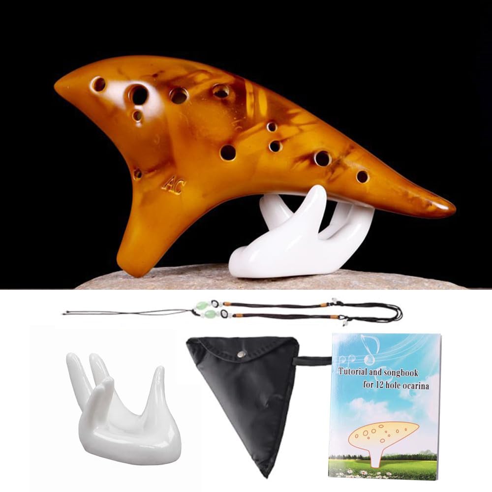 Ocarina - Ocarina de cerámica de 12 agujeros alto C ahumada con pajilla ahumada con libro de canciones para principiantes, idea de regalo (ámbar)