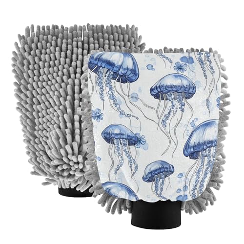 Cute Jellyfish White Wash Mitt Microfiber 11.8'' Gloves for Cars Washing Non Scratch Detailing Clean Rag for Auto Supplies