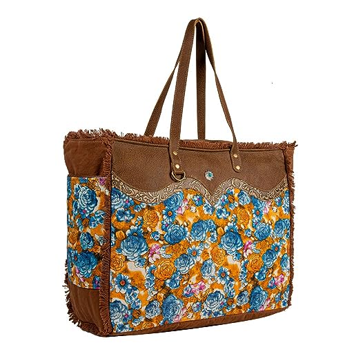 Myra Bag Weekender Bag for Women - Western Upcycled Canvas & Leather Shoulder Bag Blue Ridge Blooms2