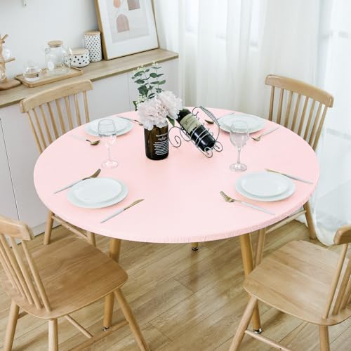 NLMUVW Light Pink Round Tablecloth with Elastic Edge, Vinyl PVC Table Cover with Flannel Backing Waterproof Wipe Clean for Party, Dining, Outdoor, 40"- 44" by NLMUVW - Image 7