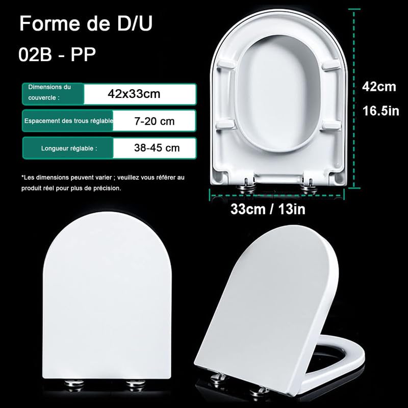 Siège WC Forme U/D en PP, 02B, 42x33cm, Abattant WC avec Fermeture en Douceur, Lunette WC Blanche Universelle avec Dégagement Rapide à Un Bouton pour Facile à Installer et à Nettoyer