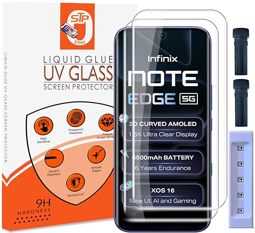 Image of STP FEEL Advanced UV Tempered Glass Screen Protector Guard Compatible For Infinix Note Edge 5G (6.78 Inch, Pack of 2) Full Adhesive UV Curved Case Friendly HD Clarity with easy installation kit