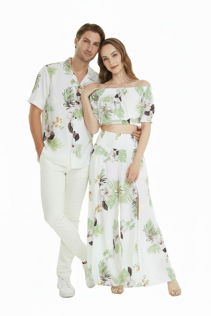 Matchable Couple Hawaiian Luau Shirt Smock Top Wide Legged Pants in Pineapple Garden White