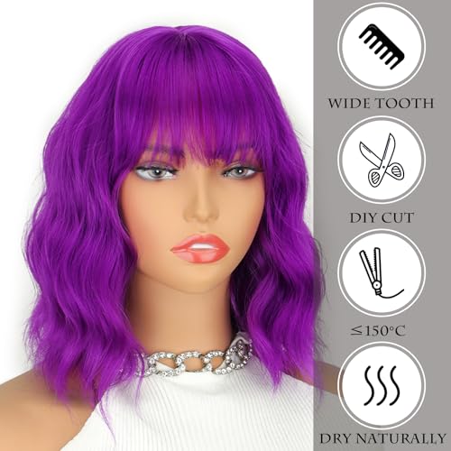 Perruque violette foncée frange : solution coiffure courte ondulée femme - 2