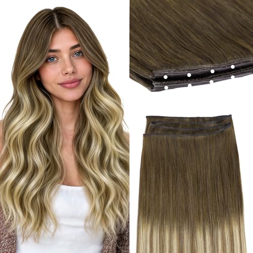 GOO GOO Butterfly Weft Hair Extensions Human Hair, Invisible Double Genius Weft, 3/8/613 Balayage Walnut Brown to Ash Brown and Bleach Blonde 18 Inch 100g, Flat No Bulk Easy Install at Home for Women