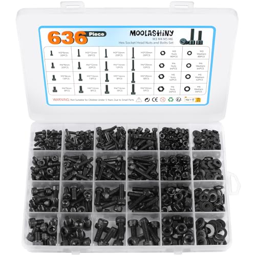 636PCS M2 M3 M4 M5 Nuts and Bolts Set, Hex Socket Head Cap Metric Screw Assortment, Alloy Steel Machine Screws and Washers Assortment Kit for Repair, DIYers