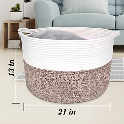 Annecy Xxlarge Cotton Rope Basket, 21X13 Inches Blanket Basket Living Room, Woven Baby Laundry Basket With Handle For Toy, Towels, Pillows, Decorative Basket For Blankets, White & Beige Brown #TOP2
