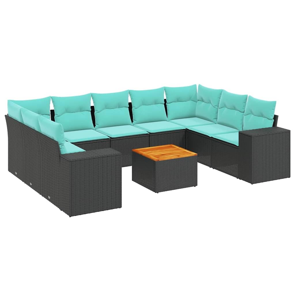Set Divani da Giardino 10 pz in Polyrattan Nero con Cuscini Blu | Salotto componibile per terrazzo e patio con tavolo in legno di acacia e morbide sedute modulari per relax all aperto.