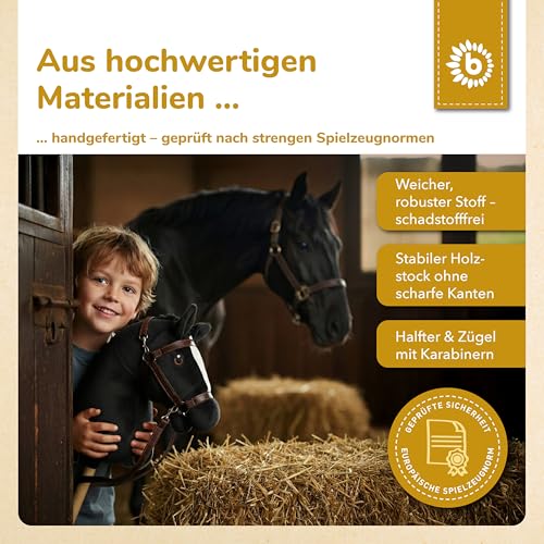 Bieco Hobby Horse Steckenpferd Rappe - Größe S, mit Trense | Abnehmbarer Stock & Schweif, für Springreiten, Dressur & Spielen | Hobby Horse Pferde
