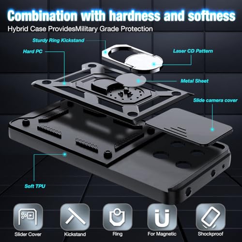 Image of Heavy Duty Back Case Cover for Oppo Reno 13 Pro 5G, Shockproof Oppo Reno 13 Pro Back Cover, Ring Case with Kickstand and Camera Protection Shutter - Black