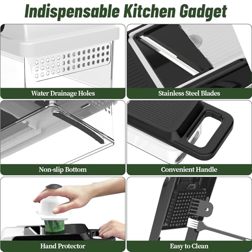 12-in-1 Vegetable Chopper, 7 Blades Veggie Chopper with Container and Lid, Dicer, Slicer, Multifunctional Kitchen Gadgets, Vegetable Cutter with Handle, Onion Cutter(Black/White)