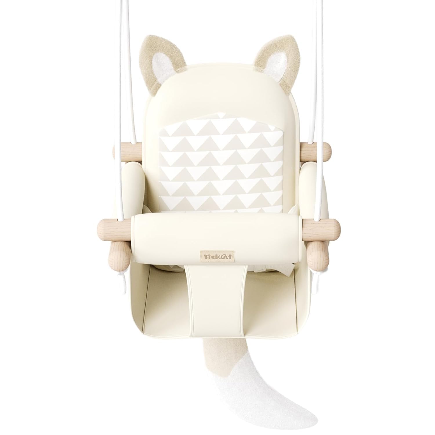 LADIDA Wooden Baby Swing with Soft Safety Belt, Infant Swing Seat for Indoor & Outdoor Use, Adjustable Height, Includes Mounting Hardware – Suitable for Babies & Toddlers (Beige Fox Design)