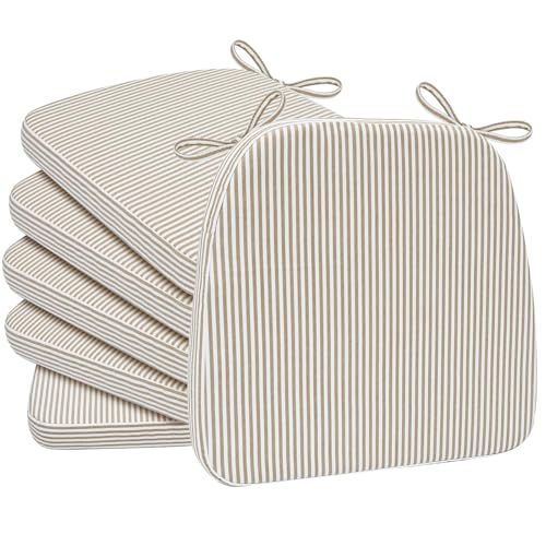 Image of AAAAAcessories D-Shaped Chair Cushions, 2 inch Thick Dining Chair Pads with Ties and Removable, Machine-Washable Cover, 17 inch x 16 inch, Set of 6, Natural Sand Pinstripe