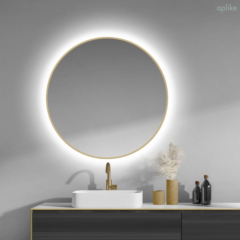 Aplike - Espejo de Baño Redondo Dorado 60 cm con Luz LED Blanca Fría (5700K), IP44 - Sidney