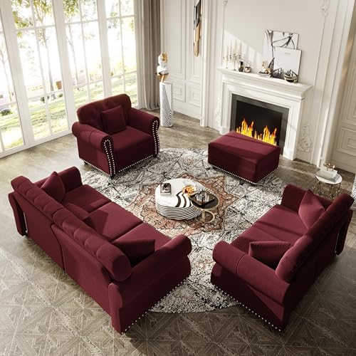 Image of KEIKI 3-Piece Chesterfield Sofa Set with 1 Velvet 3-Seater Sofa & 1 Loveseat & 1 Single Sofa, 6-Seater Couch Set with Nailhead Trim & Rolled Arms & 1 Ottoman & 6 Pillow, for Living Room, Burgundy