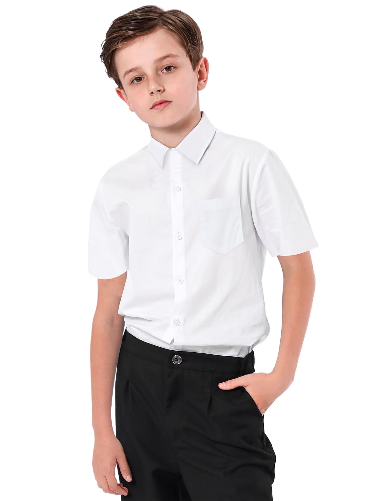 mintgreen Camisa De Escolar Color Sólido Manga Corta Botón para Niño, 7-14 Años