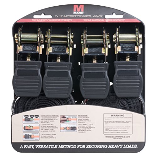 Mann Ratchet Tie Downs Straps with S-Hooks 4-Pack Set 1-Inch x 15-Feet 500