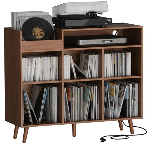 Cozy Castle Large Record Player Stand with Vinyl Storage Cabinet, Wood Turntable Table Open Shelf...