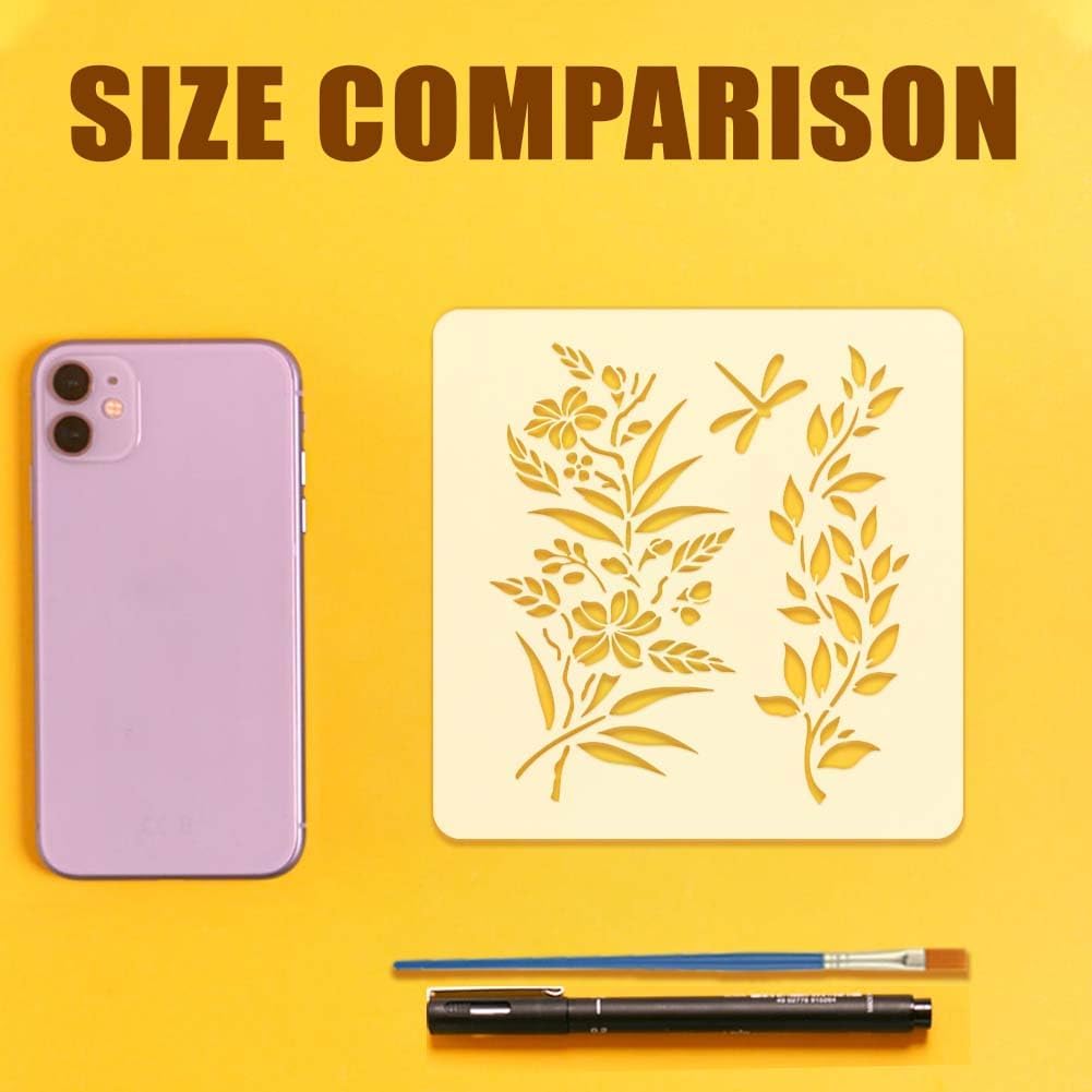 FINGERINSPIRE 4PCS Flower Branches Stencils with Paint Brush 5.9x5.9inch Daisy Lily Floral Stencils Flower Flourish Swirls Stencil Plant Theme Template for Painting on Wood Wall Canvas Furniture