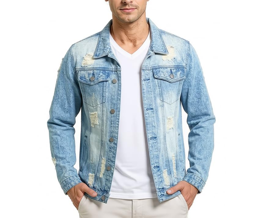 Image of RANMCC Men's Elastic Ripped Denim Jacket, Vintage Washed Frayed Trucker Coat, Lightweight Casual All Season Street Outerwear