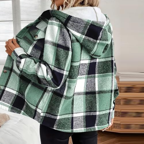 Generisch Wintermantel Damen Warm Gefüttert Kariert Winterjacke Damen Langarm Oversize Fleecejacke Mit Kapuze Fleece Damen-Jacken Winter Dicke Übergangsjacke Elegant Leicht Mantel Mit Knöpfen