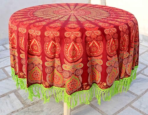 Image of Dining Round Tablecloth 100% Cotton Multicolor Floral Bird Printed 4-6 Seater Round Table Cover with White Fringed Lace Border 75 inch (Maroon- RHF-5006)