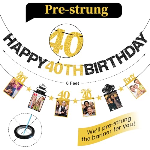 Image of Guiruiy Pre-strung Happy 40th Birthday Photo Banner Decorations for Men Women, Black Gold Glitter Hello 40 Birthday Photo Hanging Banner Party Supplies, Cheers to 40 Years Old Bday Sign
