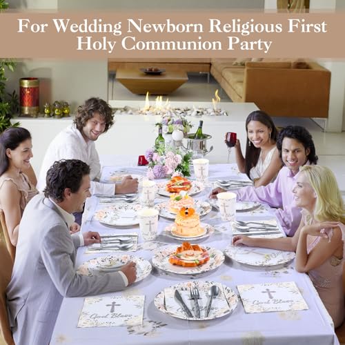 Image of Ganeen 3 Pcs God Bless Baptism Tablecloth, First Communion Decorations White Silver Disposable Plastic Religious Table Covers Waterproof for Christening Baby Showers Baptism Decor, 54 x 108 Inch