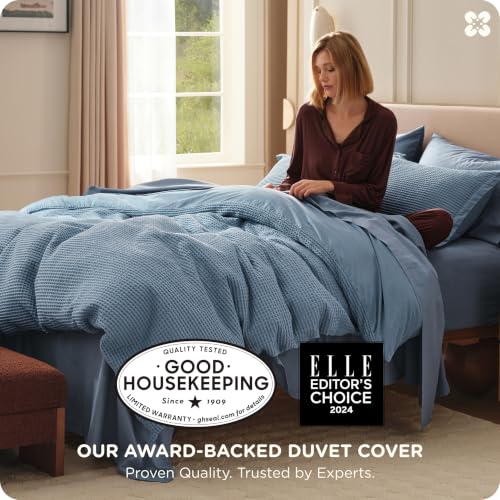 Image of Bedsure Cotton Duvet Cover Queen - 100% Cotton Waffle Weave Grey Blue Duvet Cover Queen Size, PureWoven Breathable Bedding Set for All Season, 3 Pieces, 90 inchx90 inch