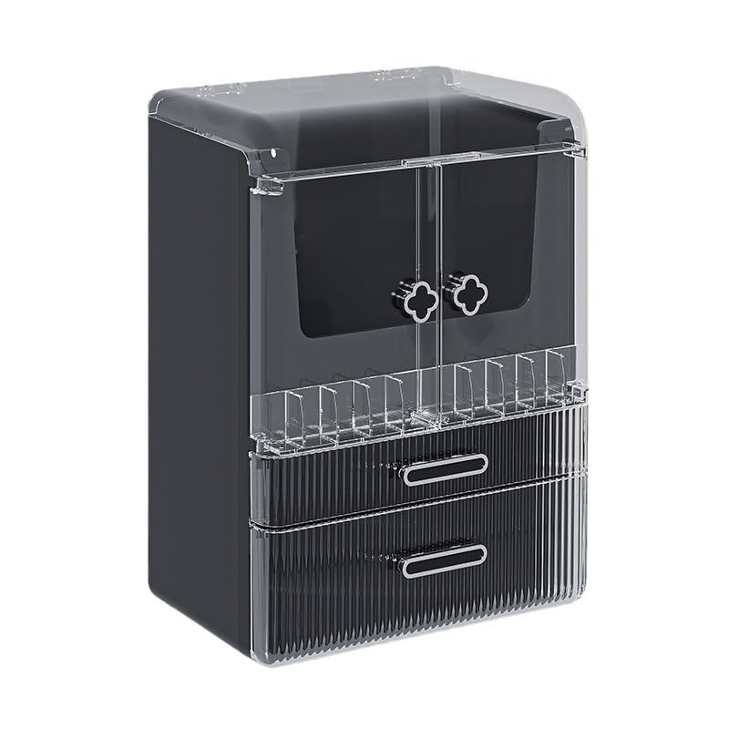 Dravizon Dustproof Cosmetic Storage Box, Cosmetics Skincare Jewelry Lipstick Organizer, Multi-Function Make Up Case, Cosmetics Storage Box, Makeup Organizer with Lid (White) (Black)