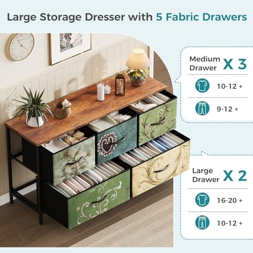 Image of OLIXIS 5 Drawer Dresser for Bedroom, Storage Organizer Unit for Closet | Chest of Drawers for Clothes Storage with Bins, Wide Fabric Bedroom Dresser, Wooden Top, Living Room, Flower