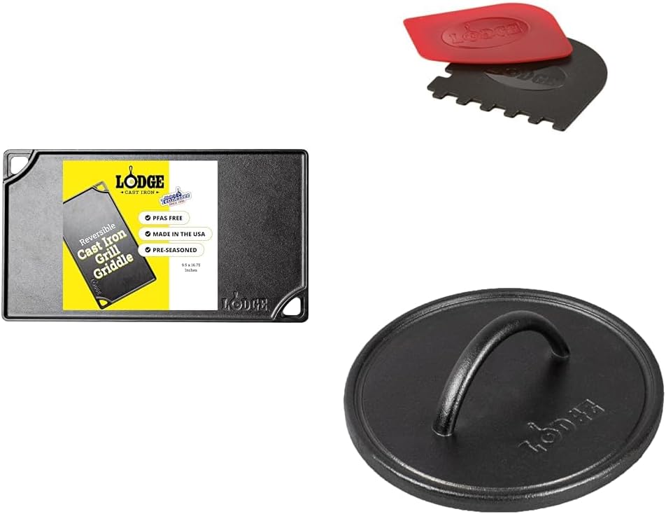 Lodge 4 Piece Cast Iron Set with Two Reversible 16.75 Inch Grill Griddles for Full Coverage Cooking, Heavy Duty Round Grill Press for Smash Burgers and Professional Searing, plus 2 Pack Scraper Set
