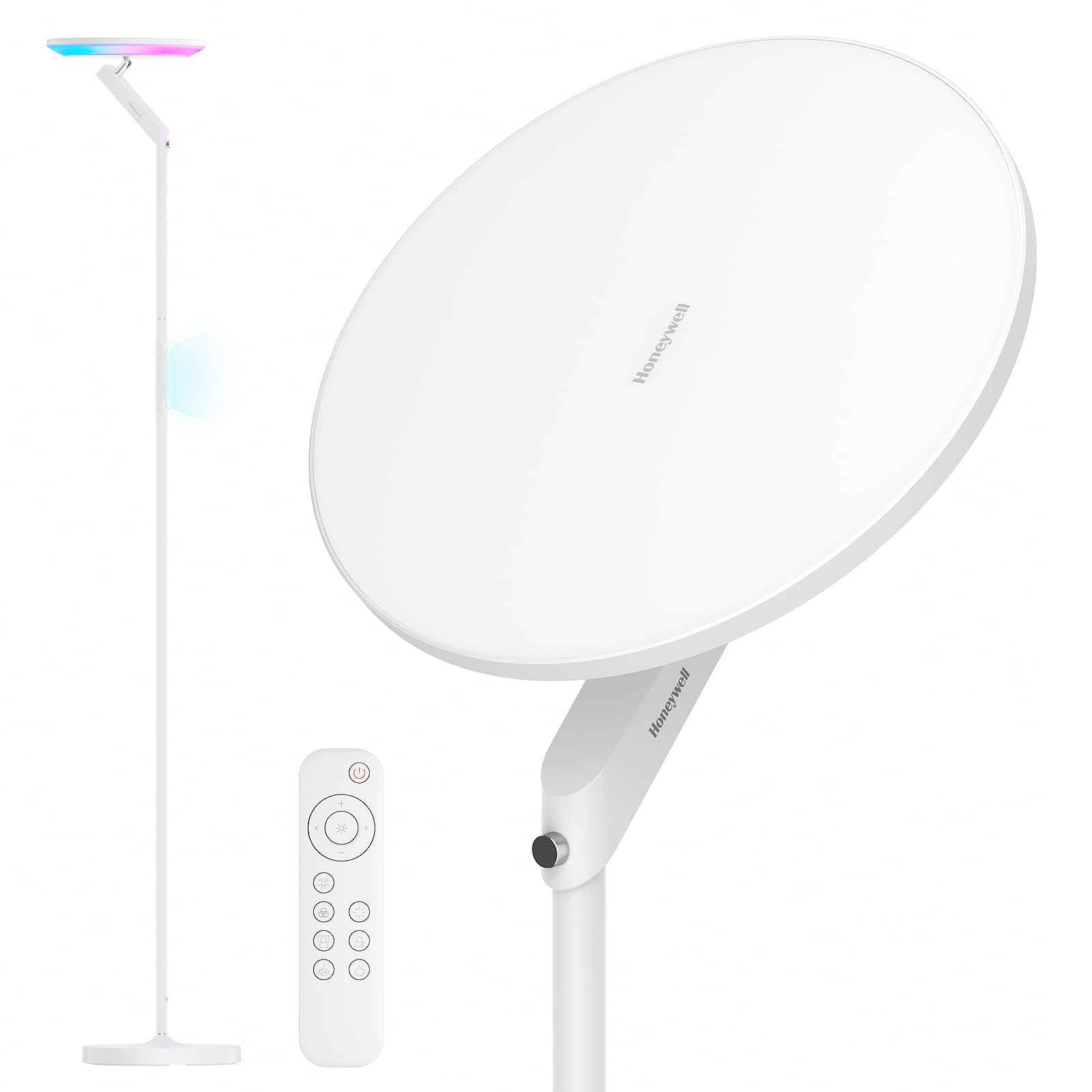 Honeywell 3000LM LED Floor Lamp, Smart RGB Floor Lamp with Remote Control, F2 Sunturalux™ 40W Eye-Caring Reading Light, 2700-5000K 6 RGB Modes Tall Standing Lamp for Bedroom Living Room Office White